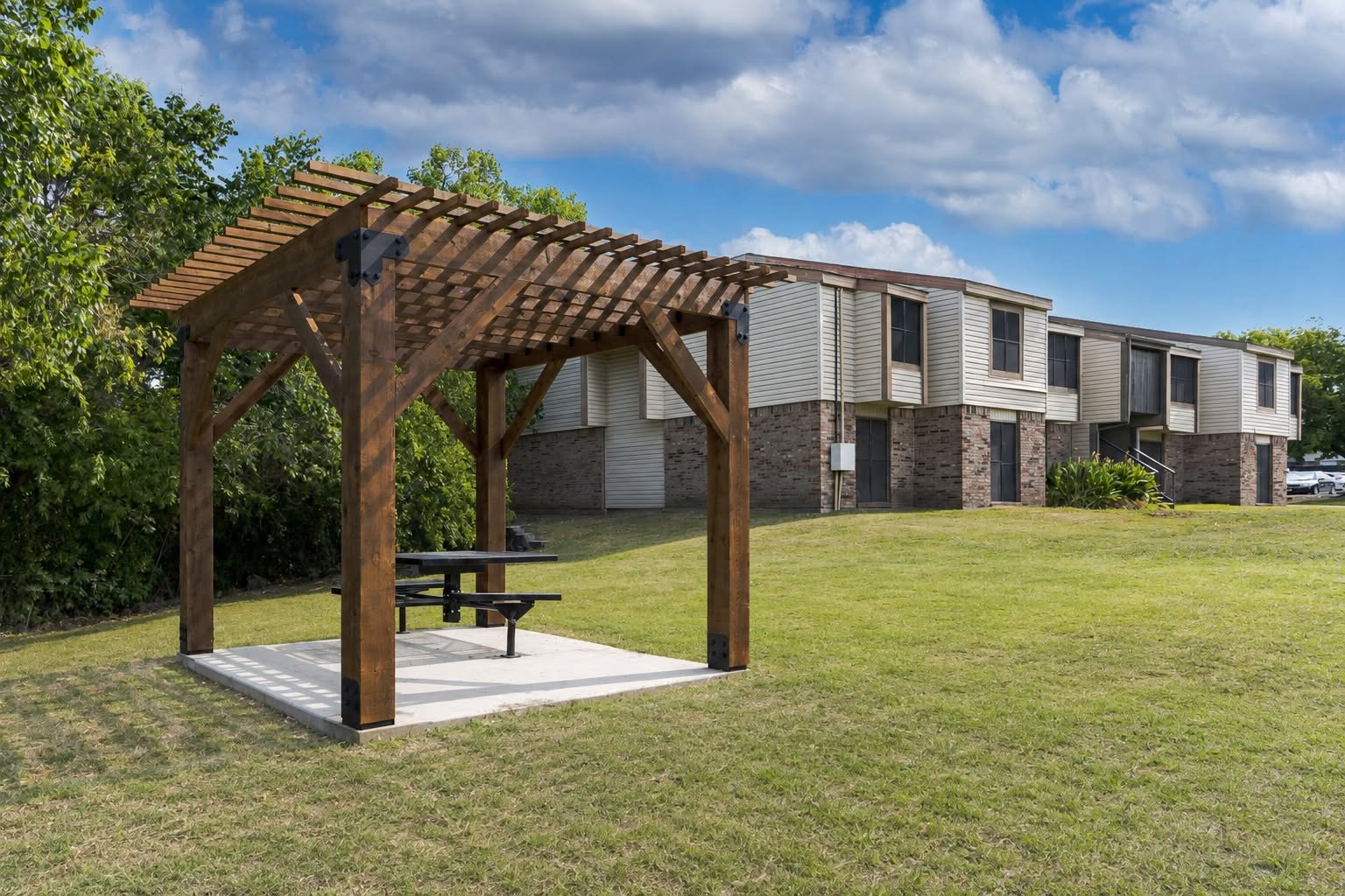Shaded gazebo and community green space at Josey Place